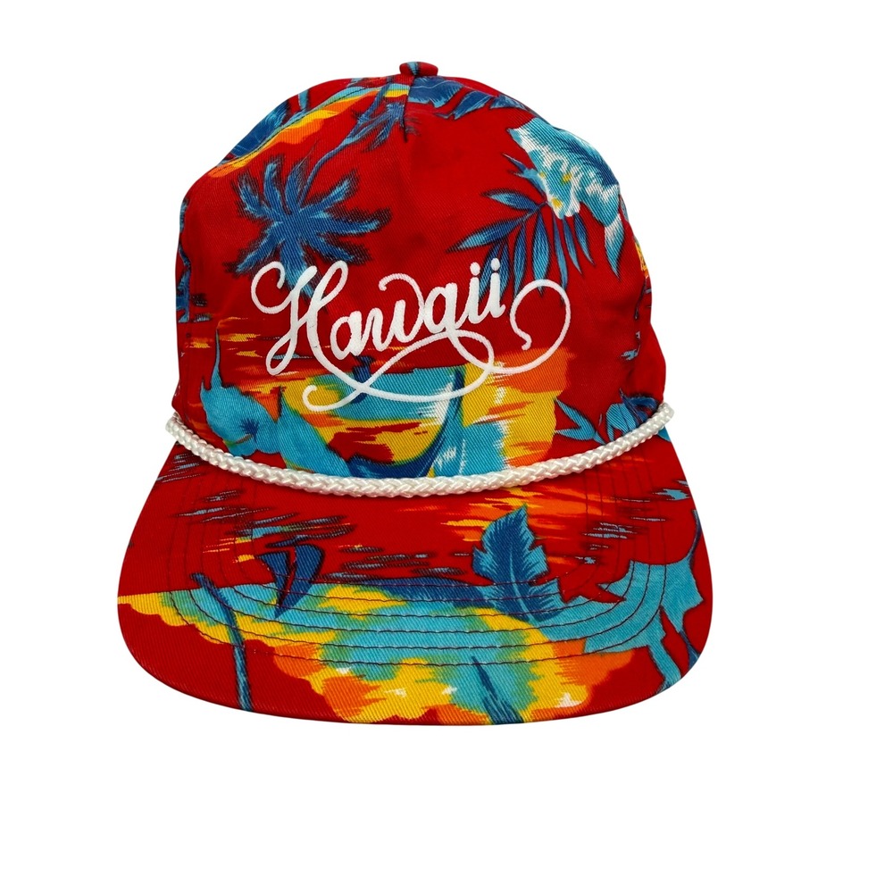 Vintage San Sun Hawaii Snapback Hat Tropical Palm Tree Rope Trucker Cap Red OSFA